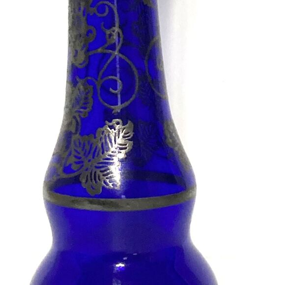 Vintage COBALT BLUE Hand Blown Gilded Art Glass Bud Vase Genie Bottle 8 in Tall - Picture 8 of 12